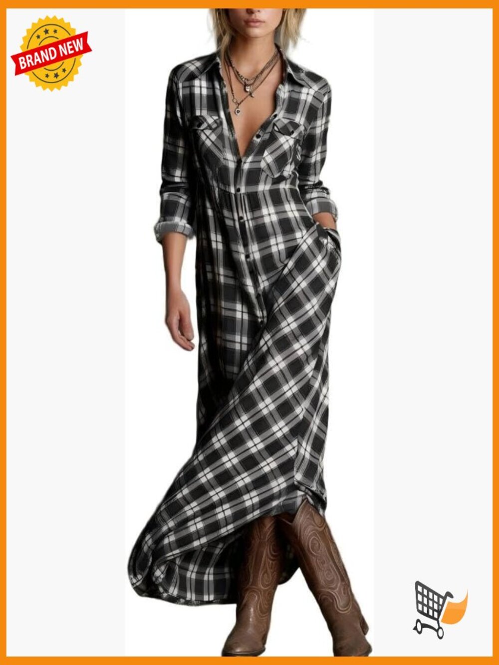Vintage Plaid Maxi Dress with Pockets Long Sleeve Button Down Flowy Shirt Dress - Picture 1 of 2